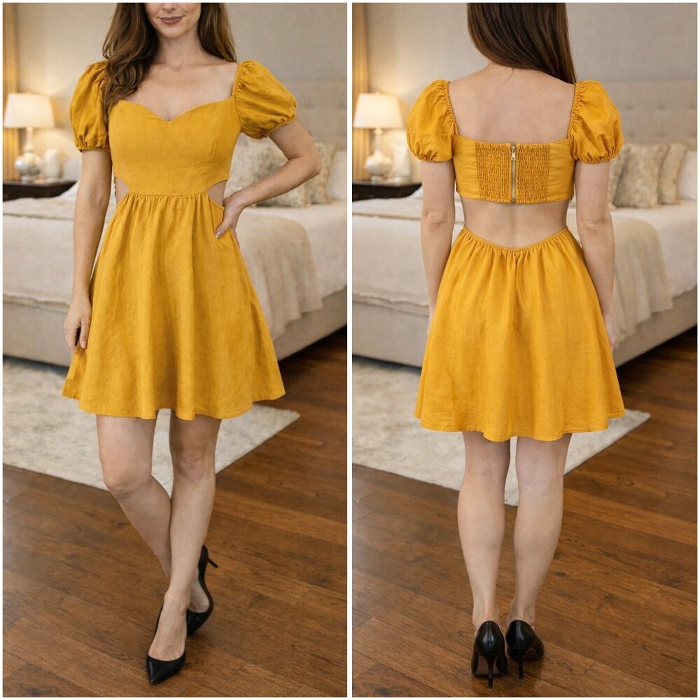 Reformation Harris Mini Dress in Gold Ochre $218
